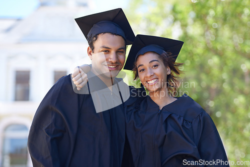 Image of Graduation, portrait and couple of friends smile to celebrate success, education and college scholarship outdoor. Happy students, man and woman with pride for achievement, award and university event