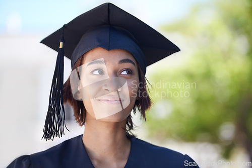 Image of Graduation, woman and thinking outdoor of education, future goals and pride to celebrate college event. Happy university graduate dream in park of award, certified achievement or scholarship success