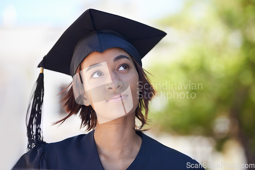 Image of University graduation, woman and thinking outdoor of education, future goals and studying for opportunity. College graduate dream in park of award, certified achievement or scholarship for knowledge