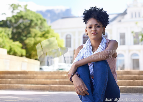 Image of Woman, portrait and student on university campus steps for education learning, future or scholarship. Female person, face and outdoor park at college building for degree knowledge, diploma or class