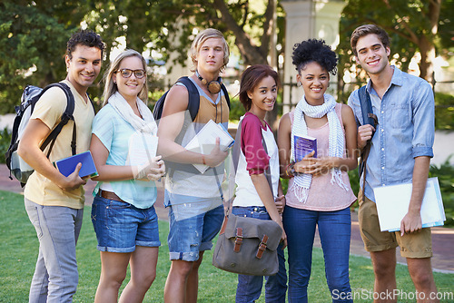 Image of Portrait, education and campus friends at park for studying, learning and happy group together. Diversity, gen z and university students at college outdoor for knowledge, scholarship and community