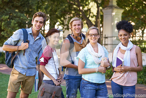 Image of Portrait, group and college friends at park for studying, happy education and learning together. Diversity, gen z and university students at campus outdoor for knowledge, scholarship and community