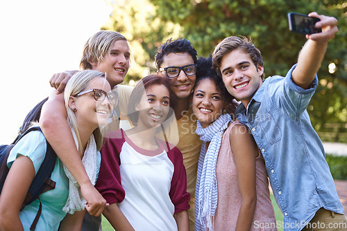 Image of College, diversity and selfie in the park with friends on campus together and students with happiness. University, academy and people with support and community in education or bonding after class