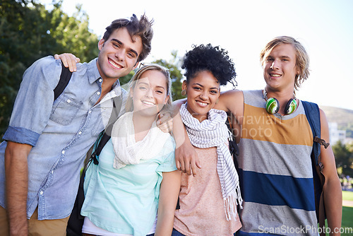 Image of Portrait, smile and college friends at park for education, studying and bond for learning together. Diversity, gen z and university students at campus outdoor for knowledge, scholarship and community