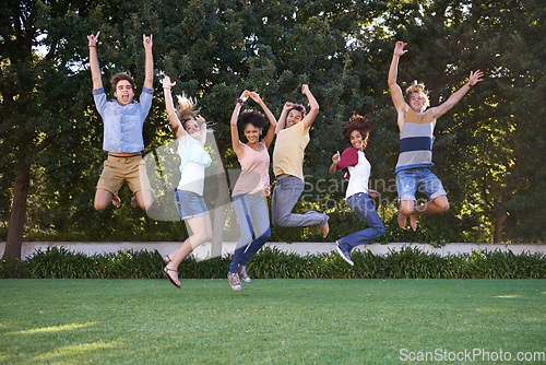 Image of Group, friends and portrait or park jump for fun connection, summer outdoor or happy. Man, woman and university students or celebration leap in nature for study achievement, college unity or sunshine