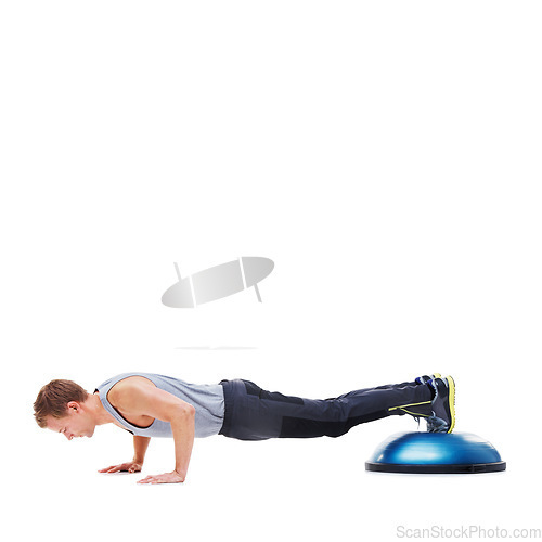 Image of Fitness, half ball and man doing push up for wellness, studio workout or arm strength development. Gym mockup space, exercise equipment and person training muscle on white background floor