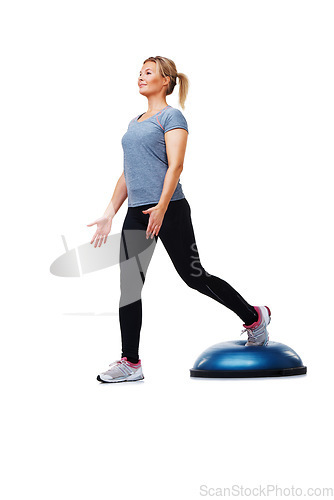 Image of Training, half ball or woman doing studio exercise, balance performance or wellness challenge for active workout. Practice routine, gym stability platform and athlete fitness on white background