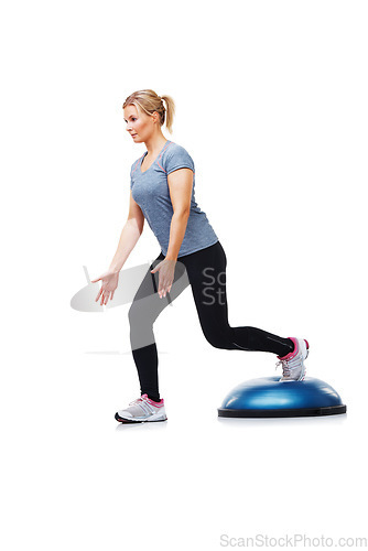 Image of Exercise, half ball and woman doing lunge for wellness, studio workout or legs strength performance. Gym commitment, balance dome platform and person in stability training routine on white background