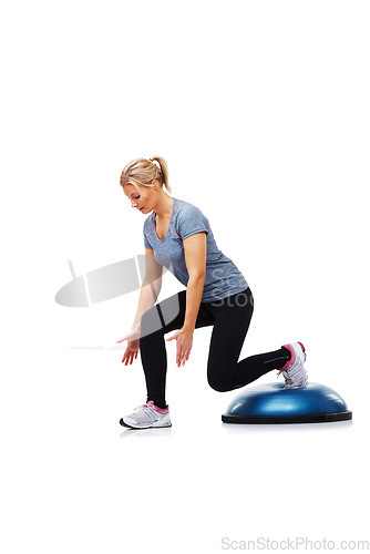 Image of Training, half ball and woman doing lunge for wellness, studio workout or legs strength development. Stability challenge, balance dome platform and person exercise isolated on white background