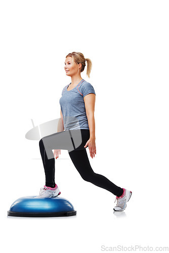 Image of Training, half ball and woman doing lunge for coordination, physical exercise or legs strength performance. Muscle fitness, balance platform and studio person in stability workout on white background