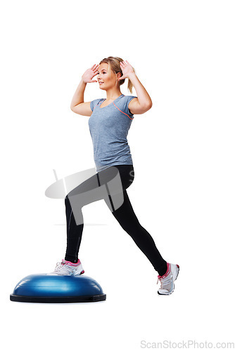 Image of Studio, half ball and woman training for gym commitment, physical exercise or aerobics performance. Fitness club, balance platform and pilates person in muscle stability workout on white background