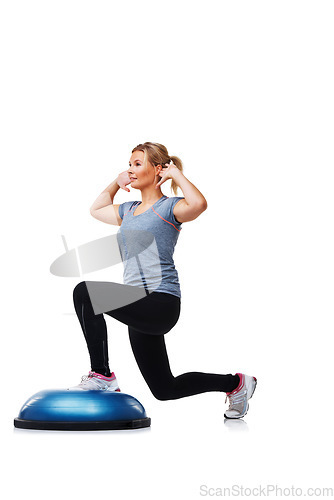 Image of Training, half ball and fitness woman doing lunge for coordination, exercise or balance performance activity. Muscle fitness, dome platform and studio person in stability workout on white background