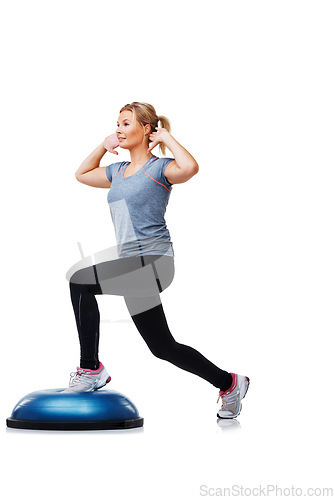 Image of Fitness, half balance ball and woman doing lunge for wellness, studio workout or legs strength performance. Gym commitment, training equipment and person in exercise routine on white background