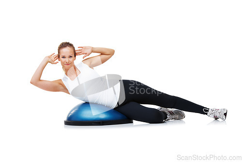 Image of Portrait, half ball and woman exercise for core strength development, pilates workout or fitness club routine. Studio floor, sports equipment and person training, balance or gym on white background