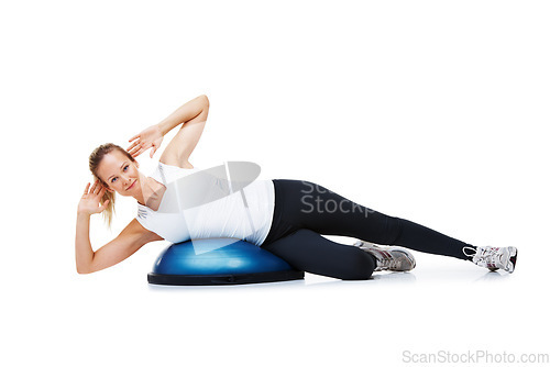 Image of Woman, bosu ball and lying in fitness, balance or exercise on a white studio background. Young active female person or athlete on half round object in training, health and wellness on mockup space