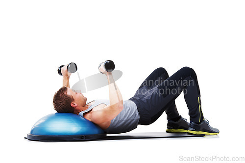Image of Dumbbells, half ball and man doing workout for muscle building, bicep exercise or arm strength development. Gym studio, training equipment and person in fitness routine on white background floor