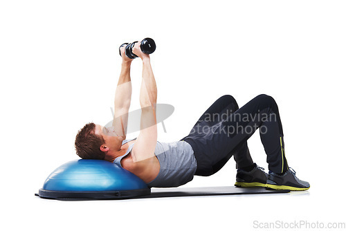 Image of Dumbbells, half ball and man exercise for muscle building, workout or arm strength development. Gym equipment, studio floor and strong bodybuilder training, hard work and fitness on white background