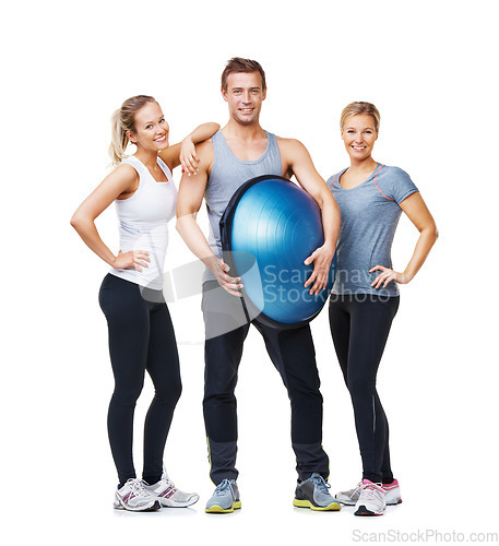 Image of Fitness portrait, half ball and happy people for wellness, studio workout or pilates class with gym equipment. Team happiness, studio training and group smile for active exercise on white background