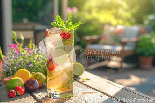 Image of A glass of refreshing fermented kombucha drink with ice, lime, mint and fruit on a wooden table at the cottage on a sunny day. Generative ai