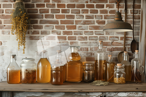 Image of Glass bottles of home-made fermented kombucha tea mushroom drink stand on a wooden shelf against a brick wall in a rural house .Generative ai.