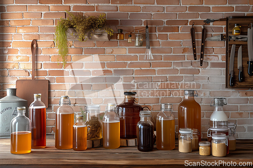 Image of Glass bottles of home-made fermented kombucha tea mushroom drink stand on a wooden shelf against a brick wall in a rural house. Generative ai.