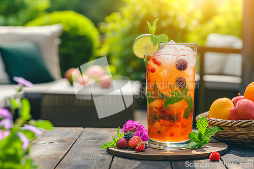 Image of A glass of refreshing fermented kombucha drink with ice, lime, mint and fruit on a wooden table at the cottage on a sunny day. Generative ai.