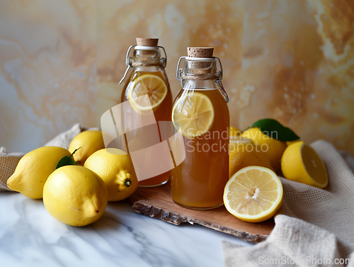 Image of Two bottles of house-made fermented kombucha drink with lemons in a rustic home kitchen. Generative ai.