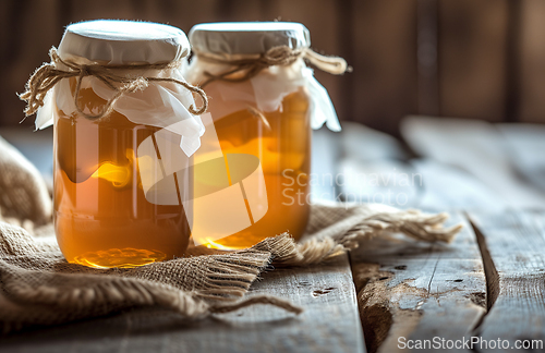 Image of Two jars of home-made fermented kombucha tea mushroom beverage on a planked rustic table. Generative ai.