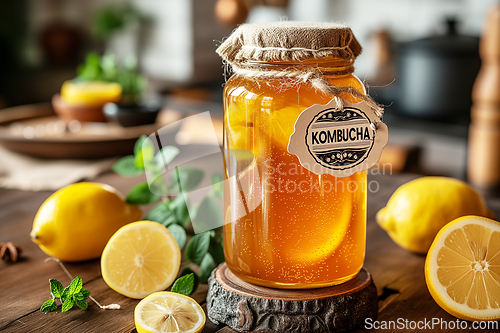 Image of A jar of Kombucha homemade fermented beverage with mint and lemon on a wooden table. Healthy eating concept. Generative ai.