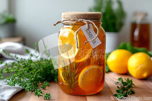 Image of A jar of Kombucha homemade fermented beverage with mint and lemon on a wooden table. Healthy eating concept. Generative ai.