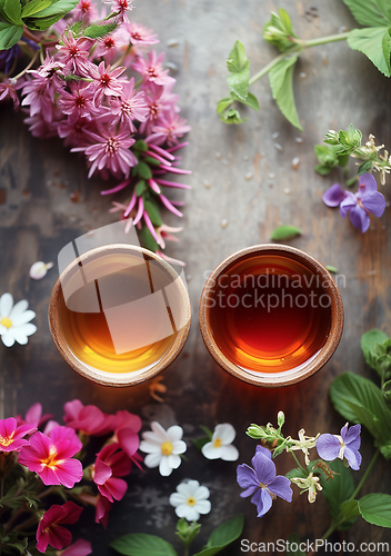 Image of Two cups with clear amber-colored tea and herbs Ivan-chai, willow-herb, strawberry on wooden table, top view. Vertical. Generative ai.
