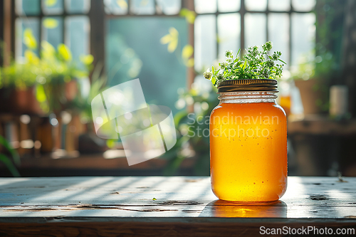 Image of Refreshing fermented herbal tea mushroom Kombucha beverage on the kitchen table. Copy space. Generative ai.