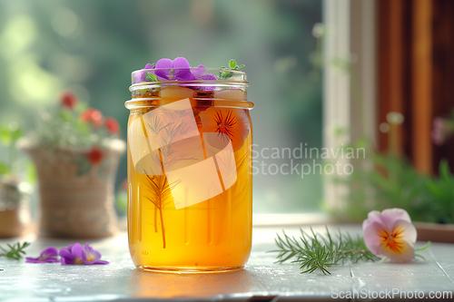 Image of Refreshing fermented herbal tea mushroom Kombucha beverage on the kitchen table. Copy space. Generative ai.