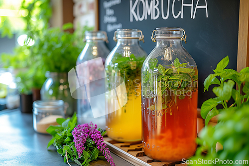 Image of Cans of homemade fermented drink Kombucha tea mushroom with mint on a wooden table with a chalk board labeled:  Generative ai.