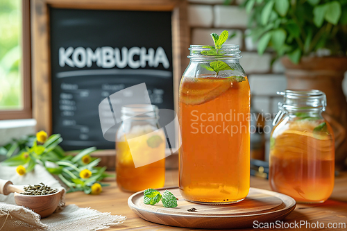 Image of Cans of homemade fermented drink Kombucha tea mushroom with mint on a wooden table with a chalk board labeled:  Generative ai.
