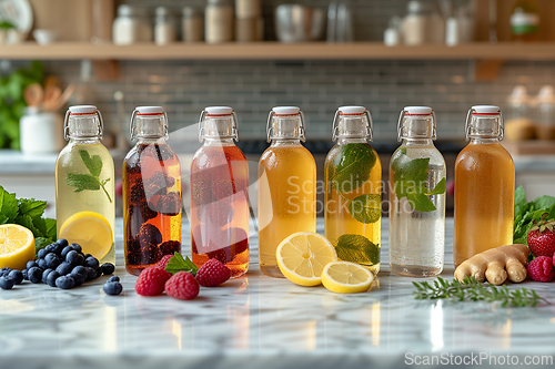 Image of A collection of small glass bottles, each containing a different fruity flavor of homemade kombucha, are arranged on a modern marble kitchen table. Generative ai.