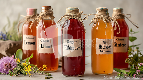 Image of A series of glass bottles filled with fermented liquor, homemade kombucha, tea mushroom, useful each with a handmade label that reads. Classic, Ginger, lemon, hibiscus, rose, apple, cinnamon.