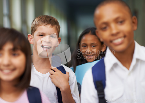 Image of Friends, portrait and happy in corridor of school with backpack for learning, education and knowledge. Student, person and face with smile in building before class or ready to study with diversity