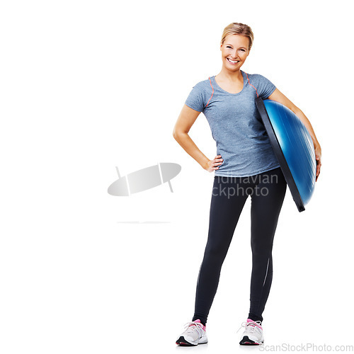 Image of Fitness portrait, half ball or happy woman for challenge, studio workout or aerobics with gym equipment. Mockup space, happiness or athlete smile for exercise, training or pilates on white background