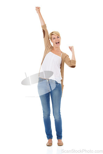 Image of Happy woman, portrait and fist pump in celebration for good news or winning on a white studio background. Young female person, model or blonde smile for achievement, promotion or deal on mockup space