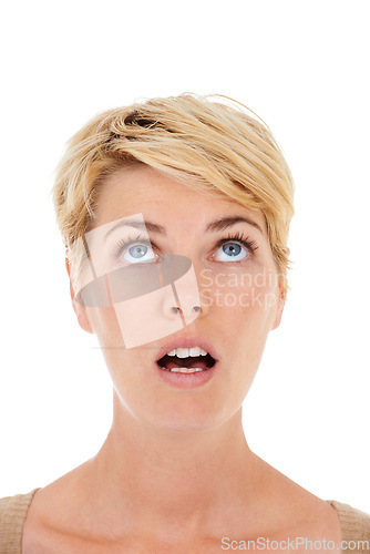 Image of Woman, face and thinking in shock for decision, idea or question on a white studio background. Closeup of female person, model or blonde looking up in wonder or thought for alert on mockup space