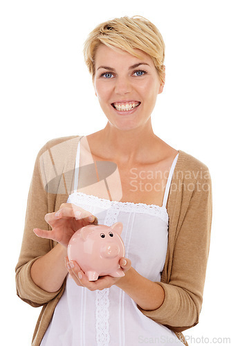 Image of Happy woman, portrait and coin in piggy bank for savings, investment or financial growth on a white studio background. Female person smile with money container for finance, budget or cash to profit