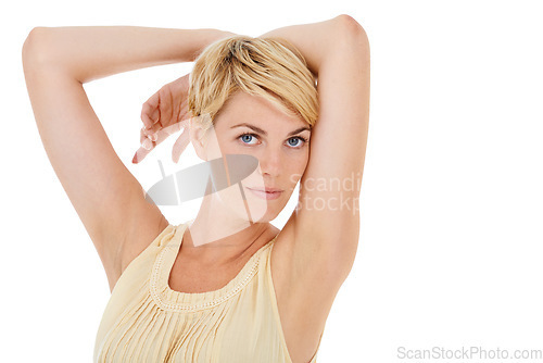 Image of Beauty, portrait and mature woman in studio with arms raised for underarm epilation or hair removal. Natural, health and female person from Australia with confidence for cosmetics by white background