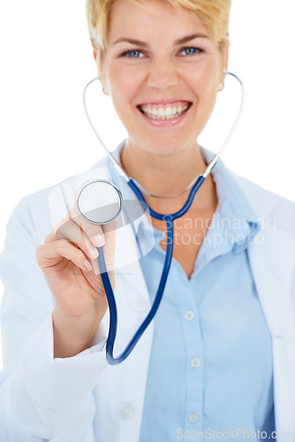 Image of Happy woman, stethoscope or portrait of doctor in studio for healthcare examination on white background. Smile, cardiovascular or check by a nurse ready for consultation, exam or help for wellness