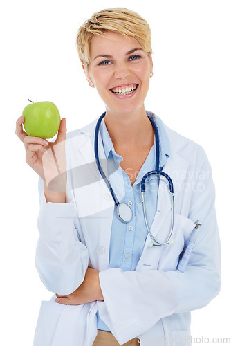 Image of Doctor, happy woman or apple in portrait with smile, wellness or isolated on white background. Medical professional, fruit or physician with healthcare, promote healthy diet or nutrition in studio