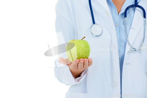 Image of Doctor, person or apple in hands for wellness, detox or benefits isolated on white background. Medical professional, closeup or physician with healthcare, promote healthy diet or nutrition in studio