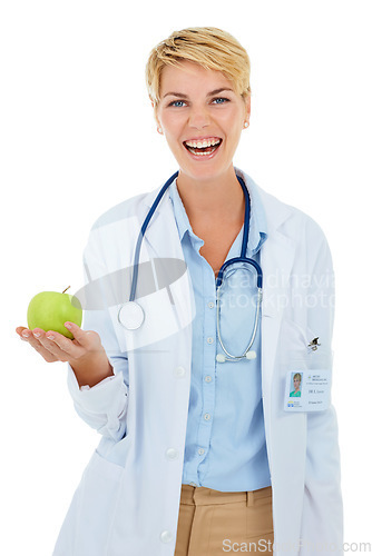 Image of Doctor, woman in portrait and apple for health and diet with nutritionist in studio, smile and wellness on white background. Healthy food, medical professional with fruit for nutrition or weightloss