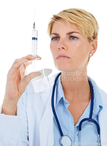 Image of Woman, doctor and syringe for immunity or vaccine in studio, healthcare and treatment for disease. Medical professional, injection and virus prevention or medication and needle by white background