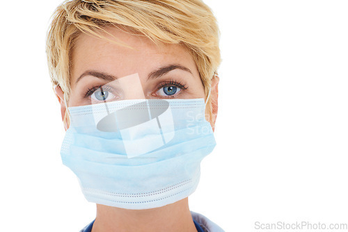 Image of Woman, doctor and face mask for protection in portrait or studio, medicare and compliance by white background. Medical professional, healthcare and pandemic or safety ppe for disease and coronavirus