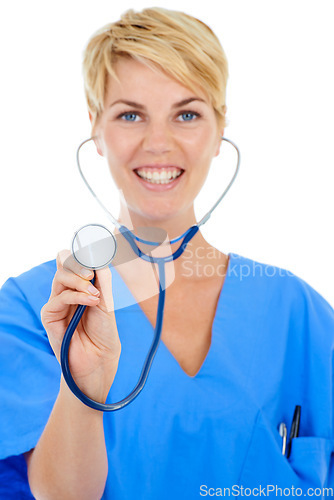 Image of Doctor, happy woman and stethoscope in a studio portrait for cardiology, healthcare and support or check. Young nurse listening for health in patient POV and medical services on a white background